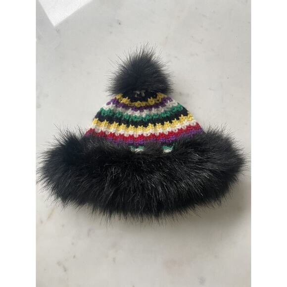 Polo Ralph Lauren Wool Pom Pom Beanie Hat Rainbow Knit Stripe Black Fur